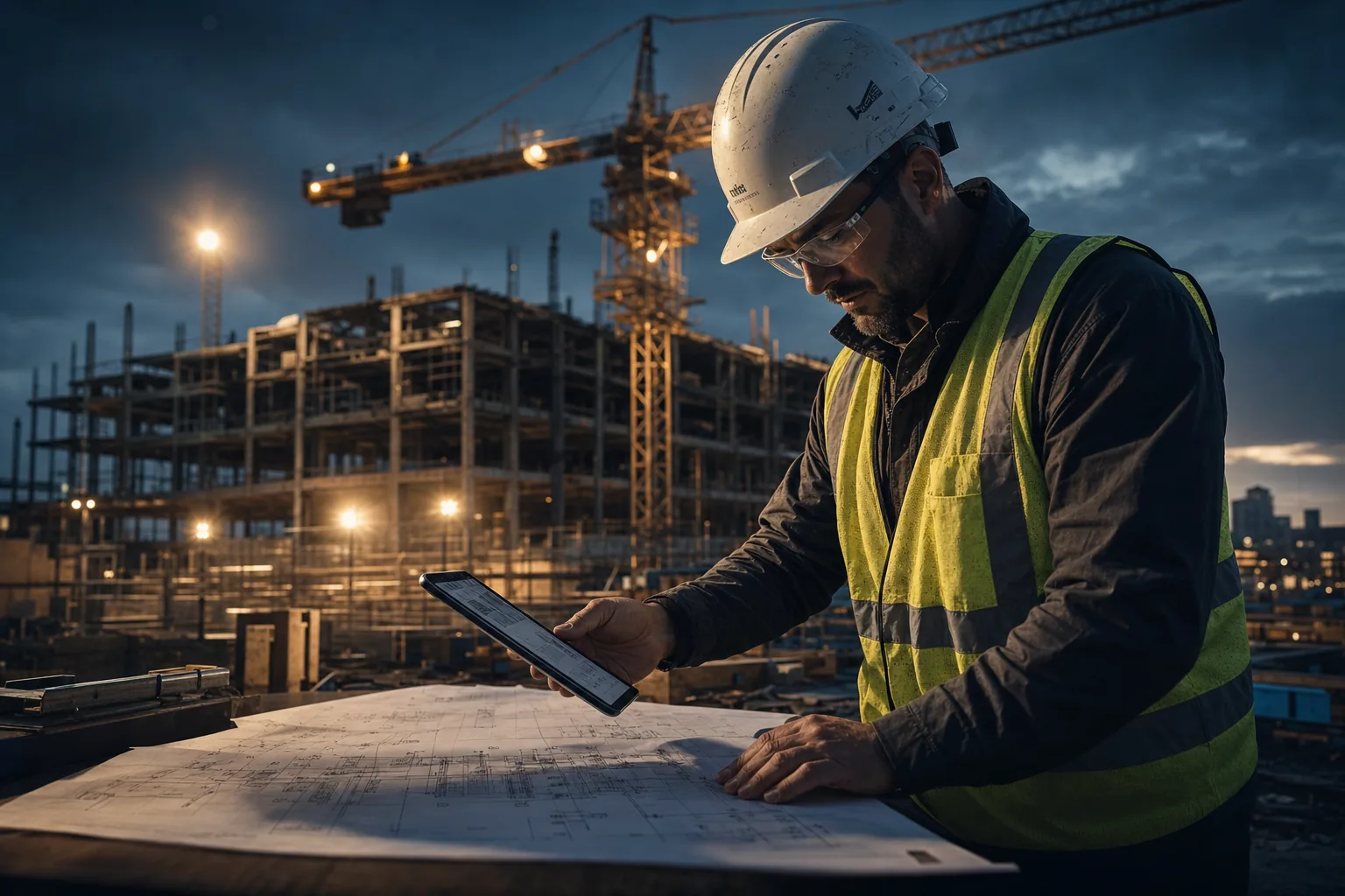 Engenheiro analisando projetos e tablet em canteiro de obras